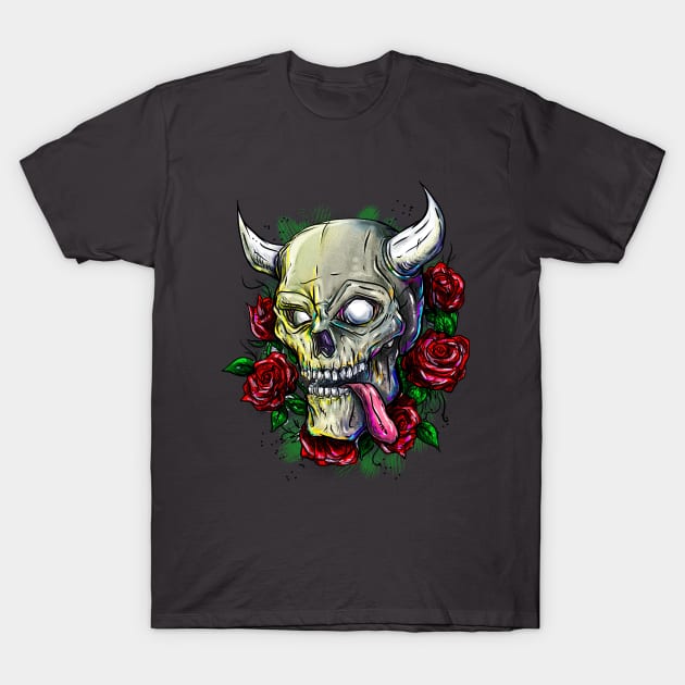 Skull with red roses T-Shirt by FerMinem